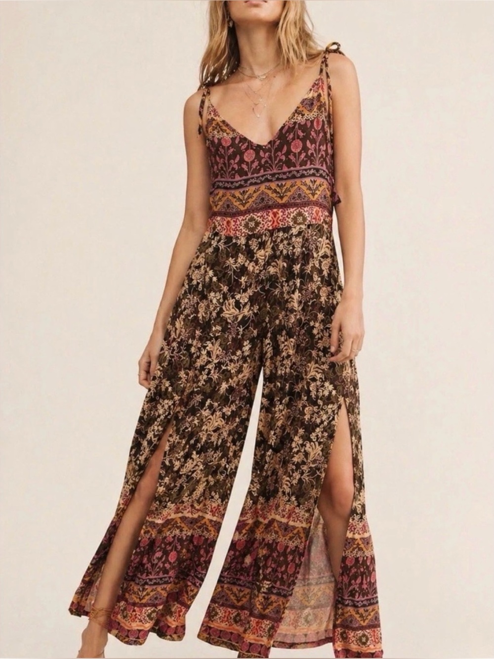 Free People Flowy Jumpsuit with Gold and Burgundy Floral Print